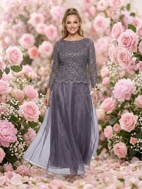 ALEX EVENINGS Elegant Lace & Chiffon Long Dress in Dusty Lavender Size 6